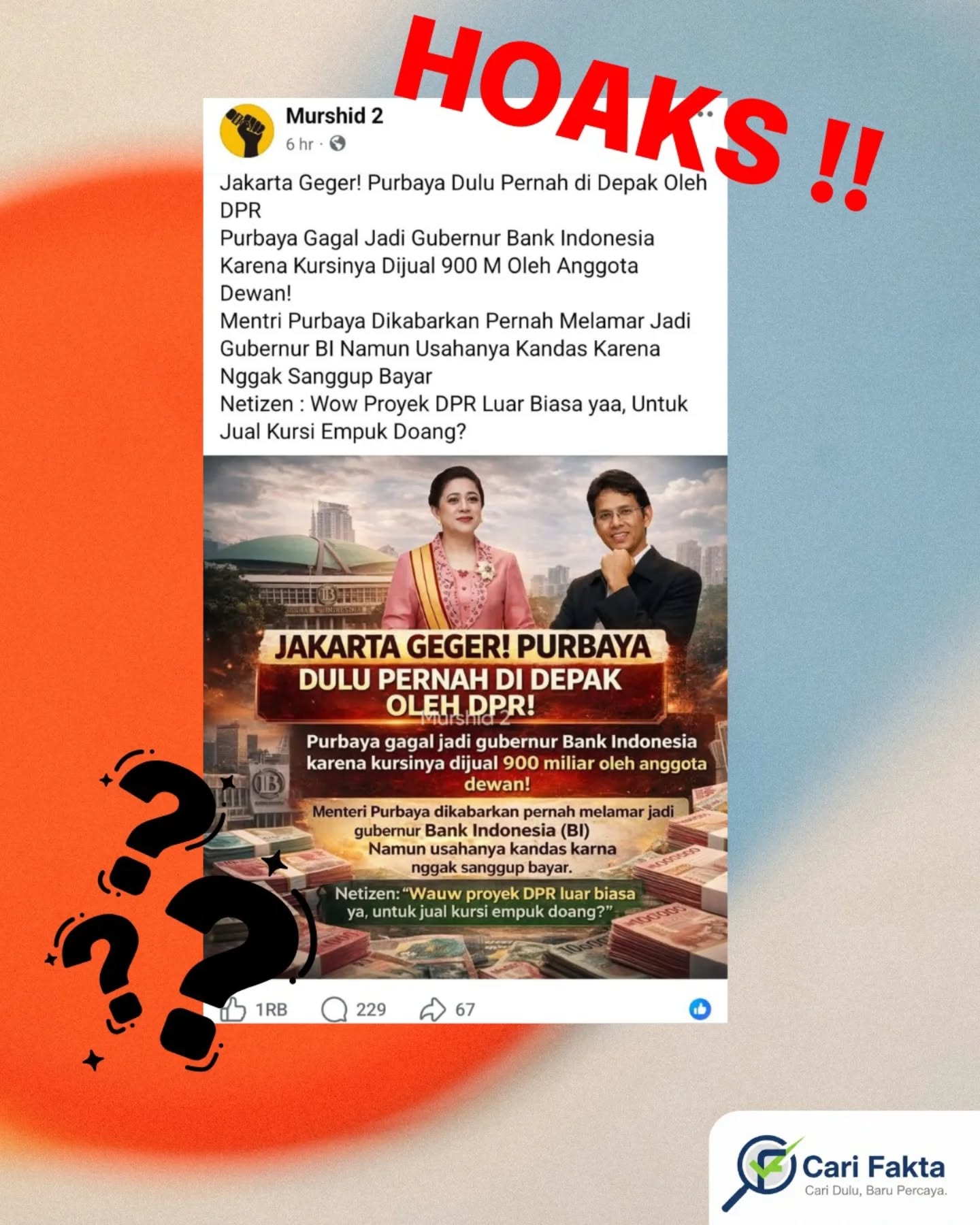 Beredar unggahan di media sosial Facebook yang mengeklaim Menteri Keuangan Purbaya Yudhi Sadewa pernah ditolak saat melamar posisi Gubernur Bank Indonesia karena tidak mampu membayar Rp900 miliar kepada Dewan Perwakilan Rakyat Republik Indonesia. Narasi tersebut juga menyebut penolakan dilakukan oleh Puan Maharani.Faktanya, informasi tersebut tidak benar. Klarifikasi dari PPID Kementerian Keuangan menegaskan bahwa kabar yang beredar di media sosial itu merupakan hoaks dan tidak didukung oleh fakta atau sumber resmi. Tidak ada proses jual beli jabatan seperti yang dituduhkan dalam narasi tersebut.Masyarakat diimbau untuk tidak mudah percaya pada informasi yang beredar di media sosial tanpa verifikasi. Pastikan selalu mengecek kebenaran berita melalui sumber resmi, media kredibel, atau situs pemeriksa fakta sebelum membagikannya kembali. Sikap bijak dan kritis dalam menerima informasi sangat penting untuk mencegah penyebaran hoaks dan menjaga ruang digital tetap sehat. Follow @carifaktaid untuk informasi yang kredibel dan mendalam