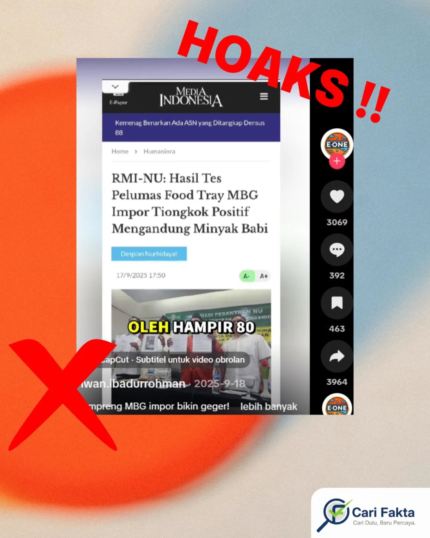 ️Waspada Informasi Hoaks di Sosial Media️Beredar unggahan di media sosial Instagram yang mengeklaim bahwa Badan Gizi Nasional (BGN) mengakui baki pada program Makanan Bergizi Gratis (MBG) mengandung lemak babi. Narasi tersebut menimbulkan kekhawatiran di masyarakat karena dikaitkan dengan isu kehalalan makanan yang disajikan kepada penerima manfaat program.Faktanya, klaim tersebut tidak benar. Berdasarkan pemberitaan dari Tempo.co dan IDN Times, Badan Gizi Nasional menegaskan bahwa tidak ada penggunaan minyak babi ataupun bahan turunan babi pada baki makan program MBG. Kepala BGN, Dadan Hindayana, menjelaskan bahwa baki yang digunakan terbuat dari bahan plastik food grade dan tidak dilapisi minyak apa pun. Penjelasan tersebut disampaikan berdasarkan hasil kunjungannya langsung ke pabrik produksi baki MBG di Bekasi pada Selasa, 23 September 2025.Masyarakat diimbau untuk tidak mudah percaya pada informasi yang belum terverifikasi kebenarannya. Pastikan selalu memeriksa sumber resmi dan media kredibel sebelum membagikan informasi, agar tidak turut menyebarkan hoaks yang dapat menimbulkan keresahan di tengah masyarakat.Follow @carifaktaid untuk informasi yang kredibel dan mendalam