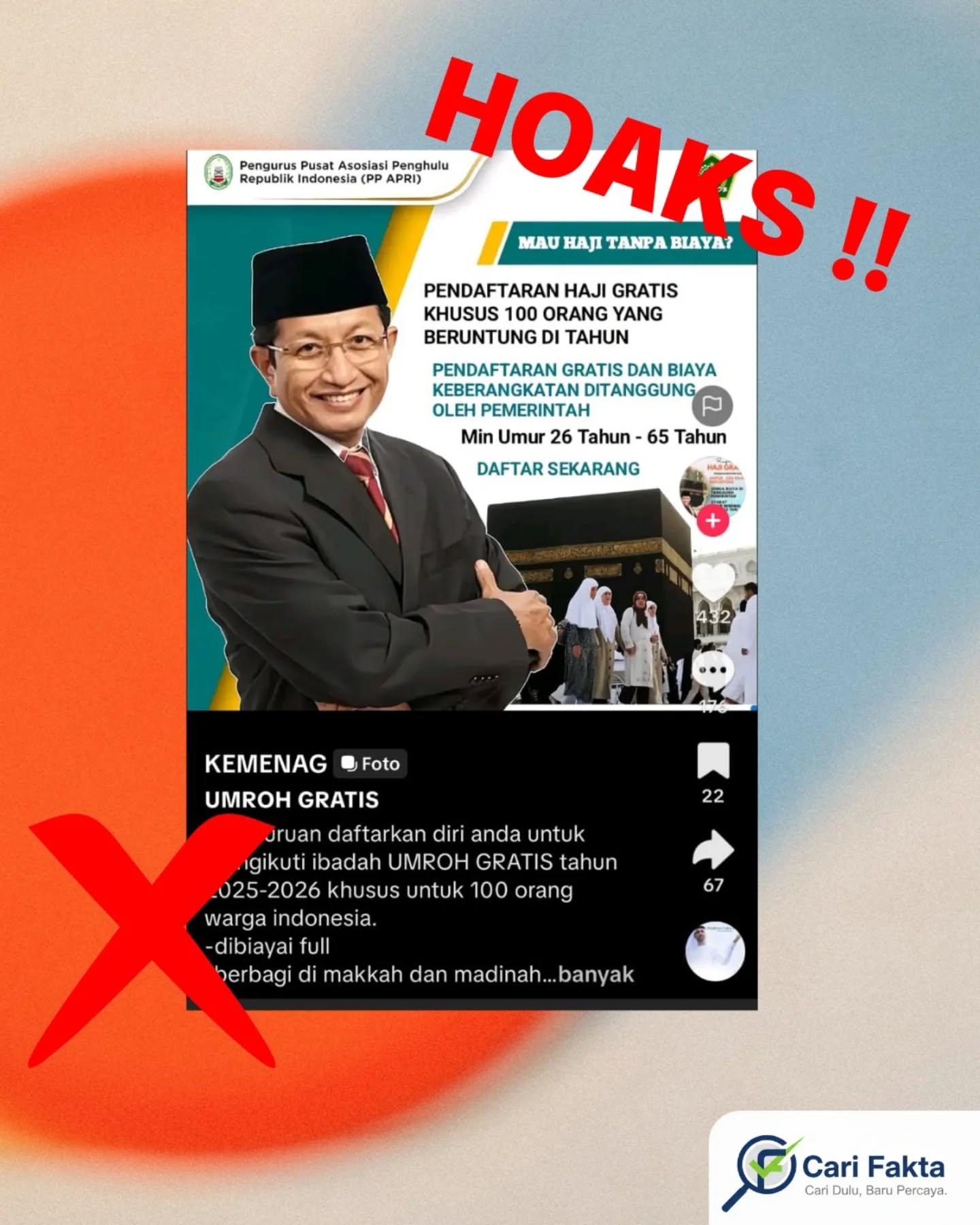 ️Waspada Penipuan Digital di Sosial Media️Beredar di media sosial TikTok sebuah tautan yang mengeklaim adanya pendaftaran haji gratis tahun 2026 dari pemerintah untuk 100 orang beruntung. Dalam unggahan tersebut disebutkan bahwa seluruh proses pendaftaran hingga biaya keberangkatan akan ditanggung penuh oleh pemerintah. Postingan itu pun ramai diperbincangkan dan telah memperoleh ratusan tanda suka serta komentar dari warganet yang tertarik mengikuti program tersebut.Faktanya, informasi tersebut tidak benar. Kementerian Agama Republik Indonesia (Kemenag) menegaskan tidak pernah membuka program haji gratis dengan kuota terbatas seperti yang diklaim dalam unggahan tersebut. Penyelenggaraan ibadah haji di Indonesia memiliki mekanisme resmi, termasuk prosedur pendaftaran dan pembiayaan yang telah diatur sesuai ketentuan perundang-undangan.Tautan yang beredar diduga merupakan modus phishing, yakni upaya penipuan digital untuk mencuri data pribadi masyarakat, seperti nomor induk kependudukan (NIK), nomor telepon, hingga informasi rekening. Masyarakat diimbau untuk selalu berhati-hati terhadap informasi yang beredar di media sosial, terutama yang menjanjikan hadiah atau fasilitas gratis tanpa sumber resmi yang jelas. Pastikan informasi hanya diperoleh melalui kanal resmi pemerintah, seperti situs web dan akun media sosial resmi Kemenag. Jangan sembarangan mengklik tautan yang tidak dikenal serta hindari membagikan data pribadi kepada pihak yang tidak dapat diverifikasi kebenarannya.Follow @carifaktaid untuk informasi yang kredibel dan mendalam