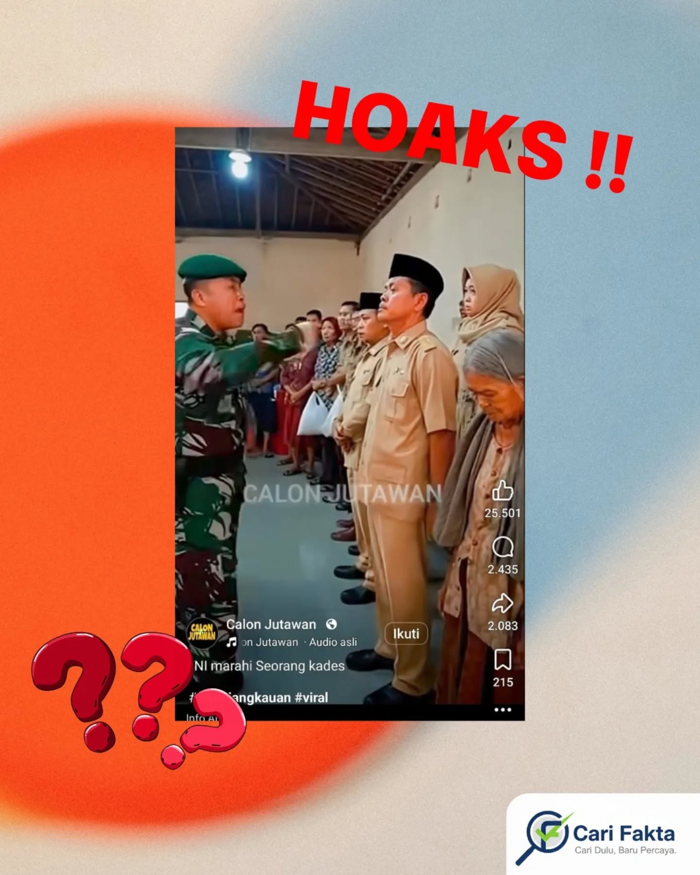 ️Waspada Konten Rekayasa Berbasis Kecerdasan Buatan (AI) ️Beredar video di media sosial Facebook yang menampilkan seorang anggota TNI memarahi kepala desa karena diduga menyalurkan bantuan sosial (bansos) tidak tepat sasaran. Unggahan tersebut ramai diperbincangkan warganet dan telah mendapatkan puluhan ribu tanda suka serta ribuan komentar.Faktanya, klaim dalam video tersebut tidak benar dan tergolong hoaks. Hasil penelusuran menunjukkan video itu memiliki indikasi kuat sebagai konten rekayasa berbasis kecerdasan buatan (AI) dengan tingkat probabilitas manipulasi mencapai 99%. Selain itu, secara struktural tugas pengawasan dan audit penyaluran bansos merupakan kewenangan Badan Pemeriksa Keuangan (BPK) serta lembaga terkait lainnya, bukan bagian dari tugas pokok TNI.Masyarakat diimbau untuk lebih berhati-hati dan memverifikasi kebenaran informasi sebelum mempercayai atau menyebarkannya di media sosial.