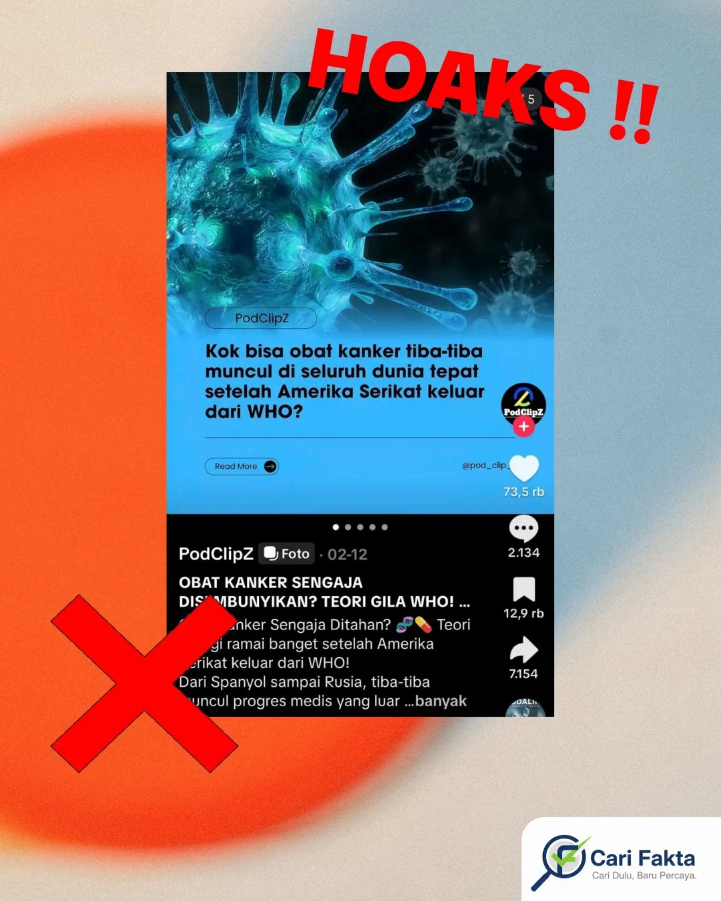 ️Waspada Informasi Hoaks di Sosial Media️Beredar informasi di media sosial yang menyebutkan bahwa obat dan vaksin kanker telah berhasil ditemukan setelah Amerika keluar dari WHO. Unggahan tersebut memicu perdebatan di kalangan warganet dan mendapat ribuan komentar.Faktanya, klaim tersebut tidak benar dan menyesatkan. Penelitian ilmiah yang sering dijadikan rujukan masih berada pada tahap pra-klinis dan baru diuji pada model hewan, belum pada manusia. Selain itu, tidak ada bukti yang menunjukkan adanya hubungan antara perkembangan penelitian tersebut dengan kebijakan Amerika Serikat terhadap WHO.Masyarakat diimbau untuk lebih berhati-hati dalam menerima informasi di media sosial serta selalu memverifikasi kebenarannya melalui sumber resmi dan terpercaya.