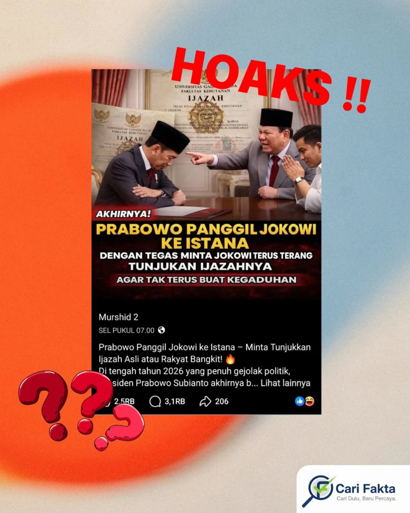 ️Waspada Unggahan Hoaks di Sosial Media️Beredar unggahan di media sosial Facebook yang mengklaim Presiden Prabowo Subianto memanggil mantan Presiden Joko Widodo ke Istana Merdeka untuk menunjukkan ijazah aslinya.Faktanya, klaim tersebut tidak benar. Berdasarkan pemberitaan Kompas.com, Jokowi memang menghadiri pertemuan di Istana Merdeka pada 3 Maret 2026. Namun, agenda pertemuan tersebut membahas keanggotaan Indonesia dalam Board of Peace (BoP) serta isu tarif perdagangan antara Indonesia dan Amerika Serikat. Pertemuan itu juga dihadiri sejumlah tokoh penting, dan tidak ada bukti bahwa Jokowi dipanggil untuk menunjukkan ijazah asli. Foto yang beredar dalam unggahan juga terindikasi sebagai hasil rekayasa digital. Masyarakat diimbau untuk lebih bijak dalam menerima dan membagikan informasi di media sosial. Jangan mudah percaya pada unggahan yang belum jelas kebenarannya. Selalu cari fakta melalui sumber dan saluran resmi agar tidak ikut menyebarkan hoaks yang dapat menyesatkan publik.